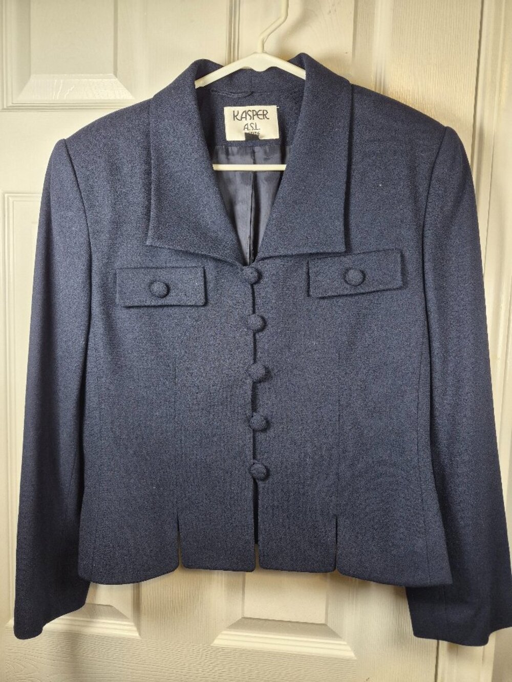 Kasper ASL 100% Wool Navy Blue Skirt Pencil Suit Size 14 Petite Shoulder Pads